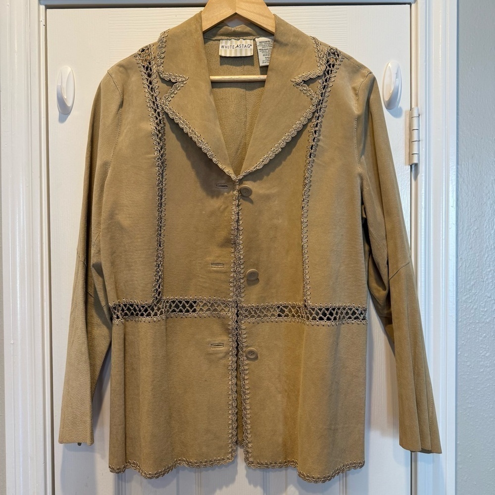 Vtg White Stag Suede Leather Jacket Women’s M Beige Crochet Boho Western Hippie